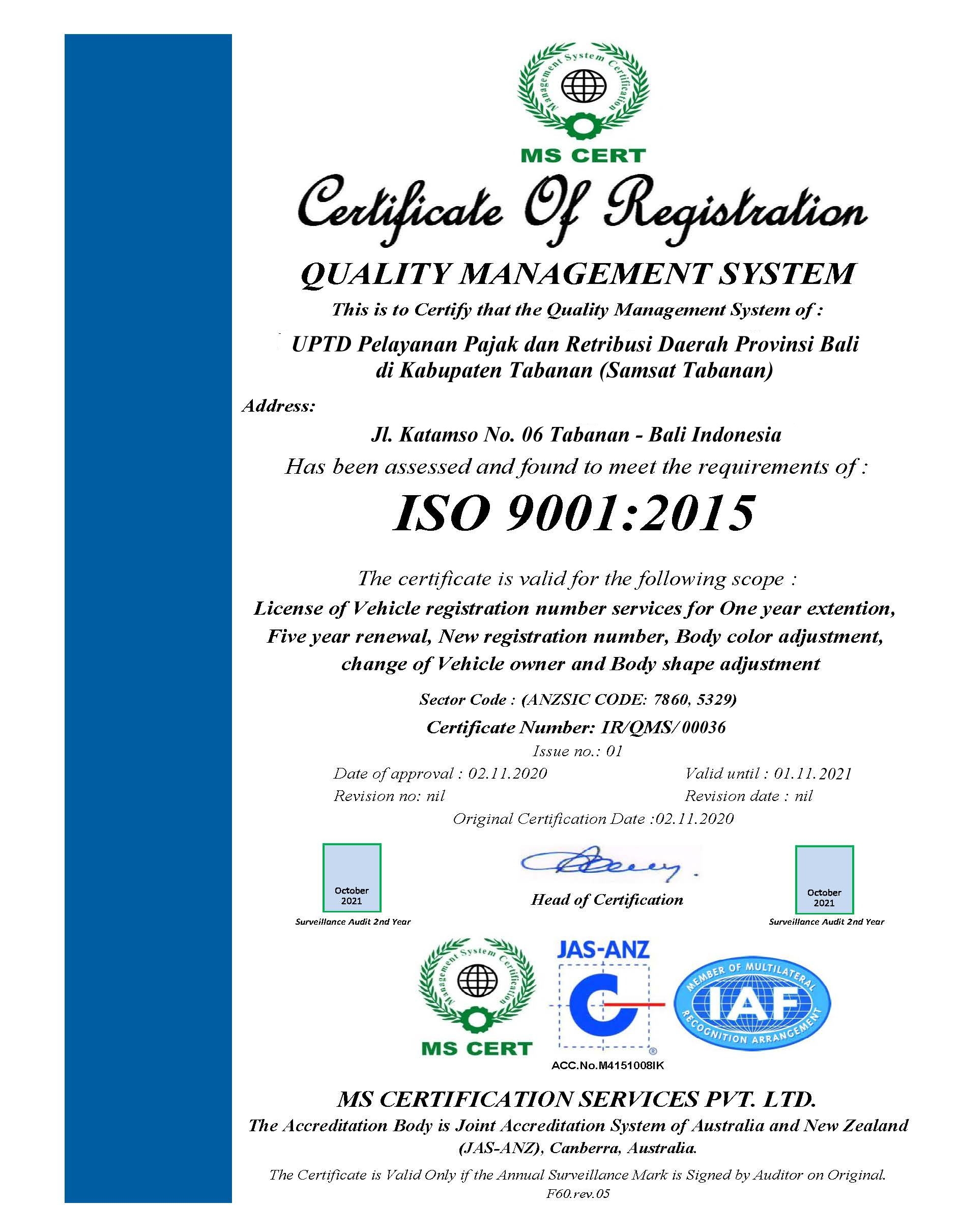 UPTD.PPRD.PROV.BALI DI TABANAN BERHAK RAIH SERTIFIKAT ISO 19001:2015