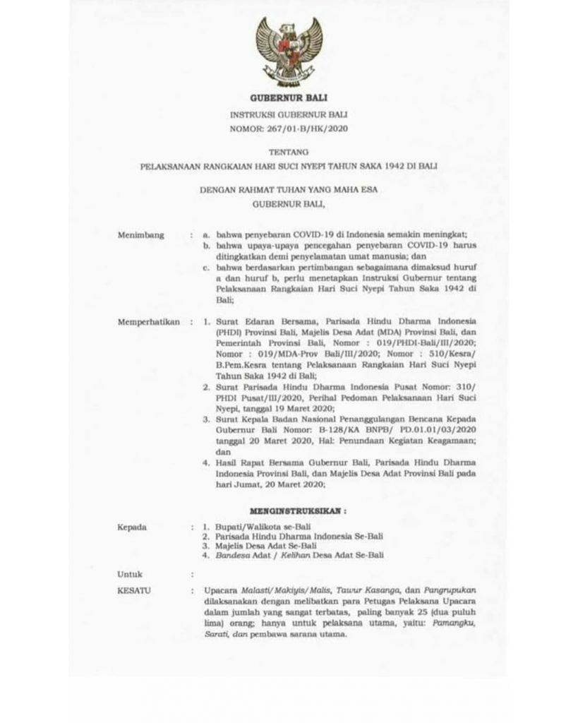 INSTRUKSI GUBERNUR BALI NOMOR: 267/01-B/HK/2020 TENTANG PELAKSANAAN RANGKAIAN HARI SUCI NYEPI TAHUN SAKA 1942 DI BALI⁣