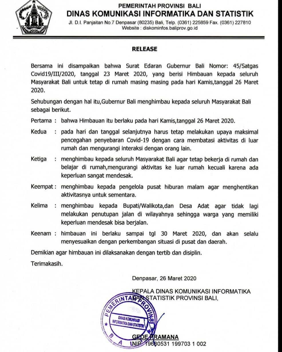 Surat Edaran Gubernur Bali Nomor : 45/ Satgas Covid-19/III/2020