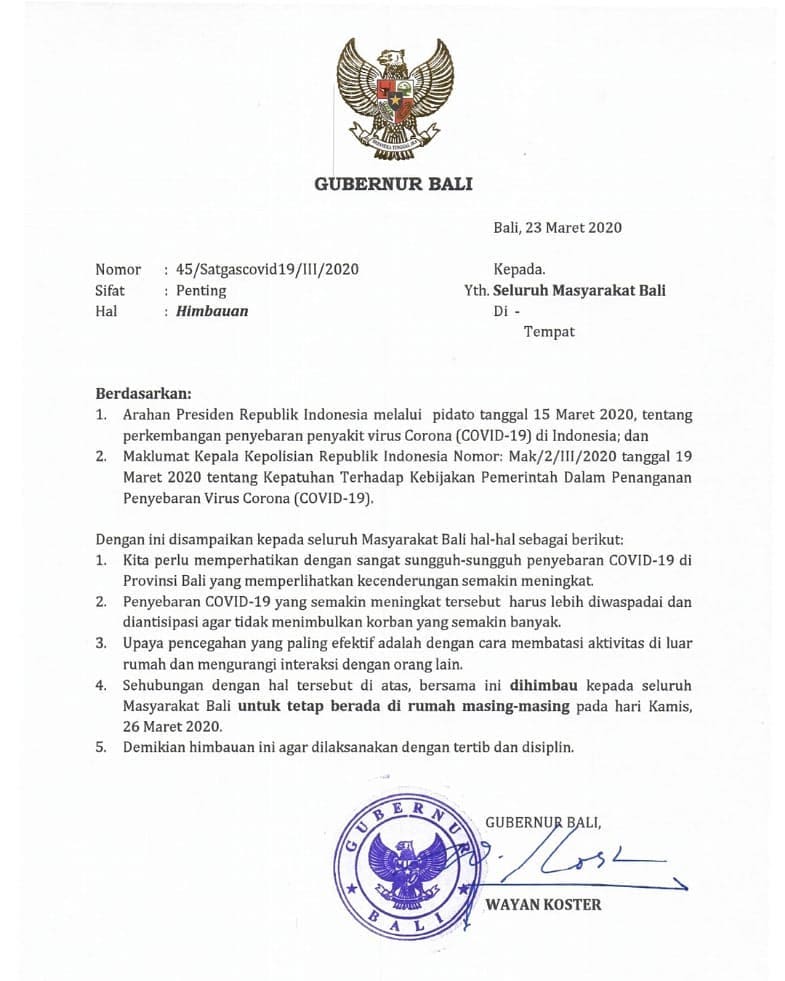 Surat Gubernur Bali Nomor 45/Satgascovid19/lll/2020