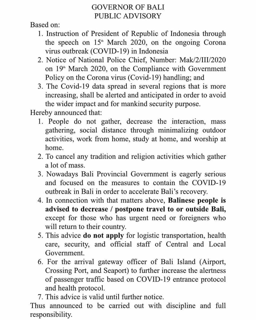 Governor of Bali Public Advisory