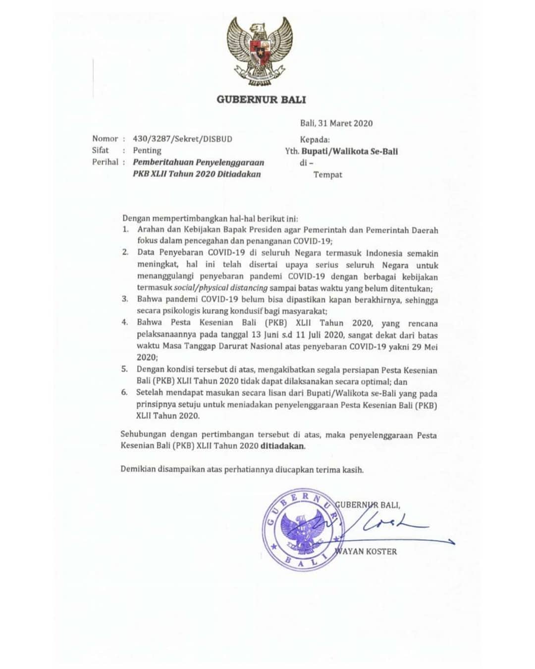 Surat Pemberitahuan Penyelenggaraan PKB XLII tahun 2020 Ditiadakan.