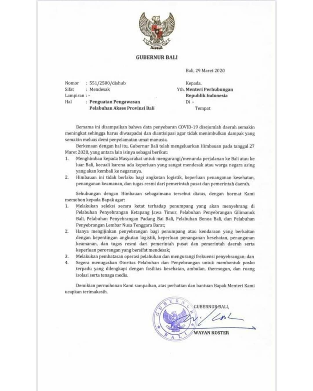 Surat Gubernur Bali Nomor 551/2500/dishub, Hal : Penguatan Pengawasan Pelabuhan Akses Provinsi Bali