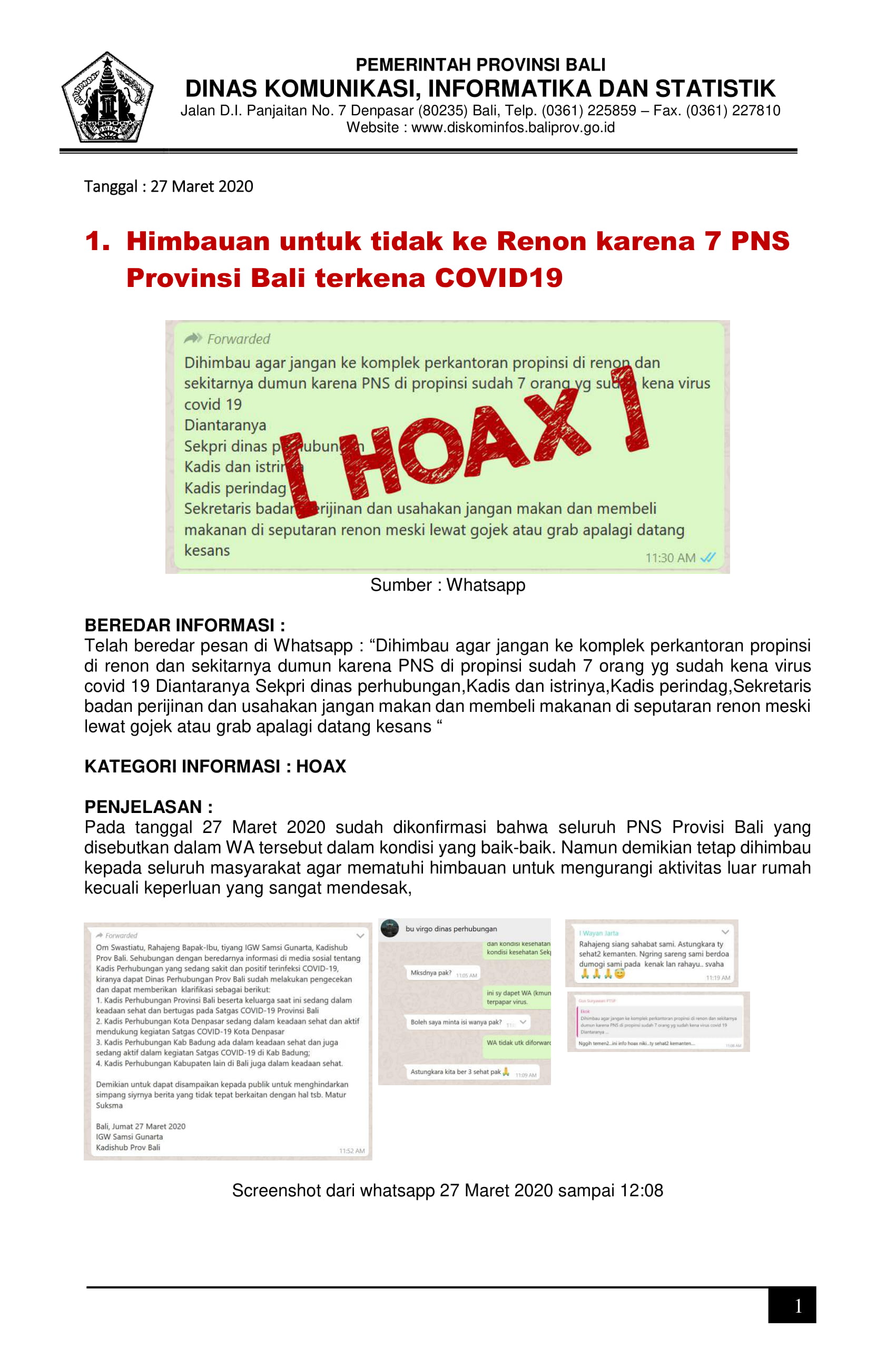 Klarifikasi Terkait Disinformasi Dan Hoax yang Telah Beredar di Masyarakat Melalui Media Sosial pada Tanggal 27 Maret 2020