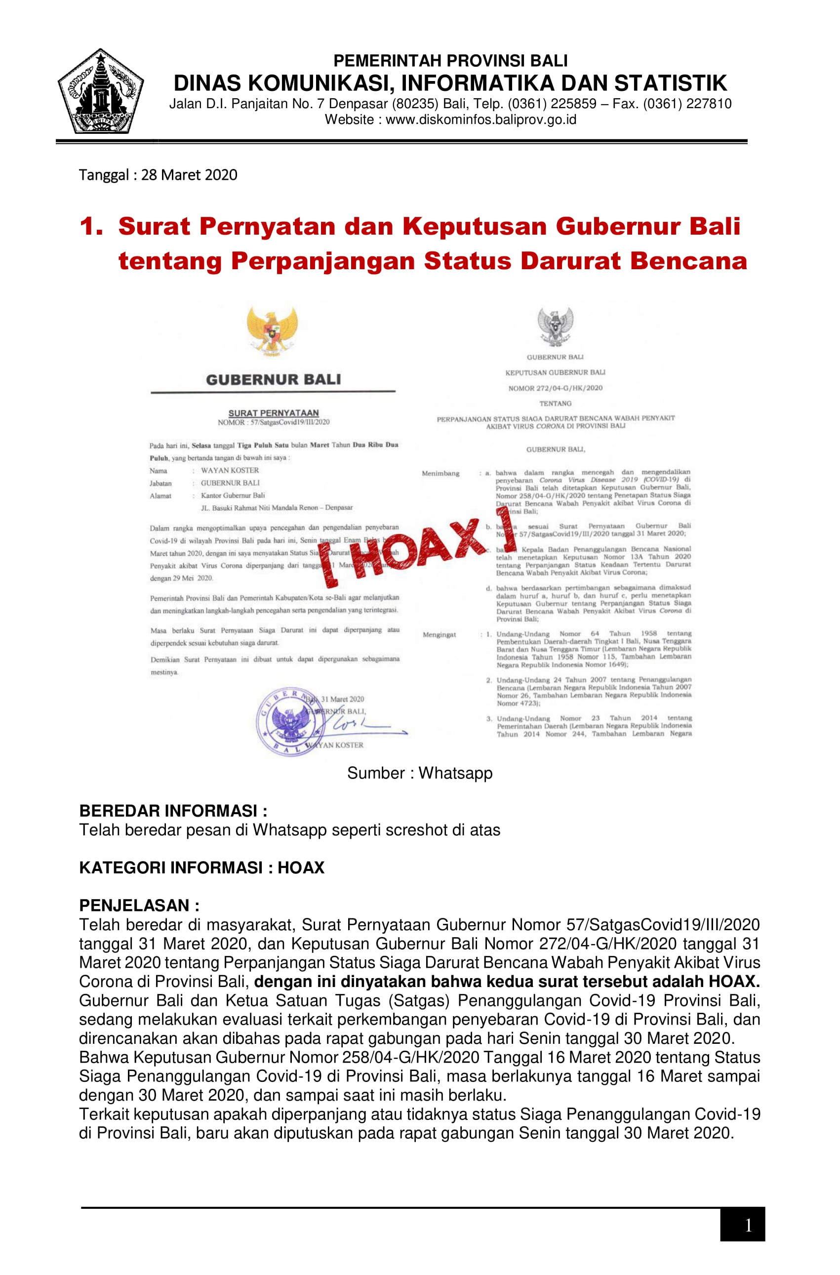 Klarifikasi Terkait Surat Pernyataan dan Keputusan Gubernur Bali Tentang Perpanjangan Status Darurat Bencana yang Telah Beredar Dimasyarakat.