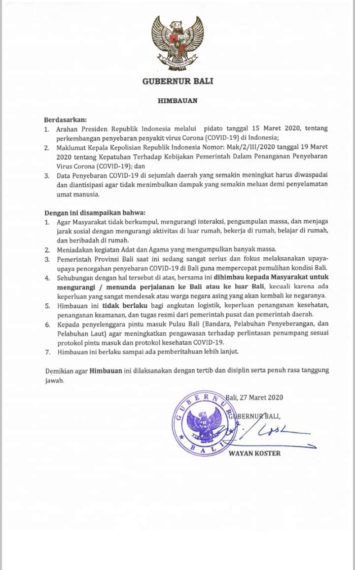 Surat Himbauan Gubernur Bali Tanggal 27 Maret 2020 Terkait Penanganan Penyebaran Virus Corona Covid-19