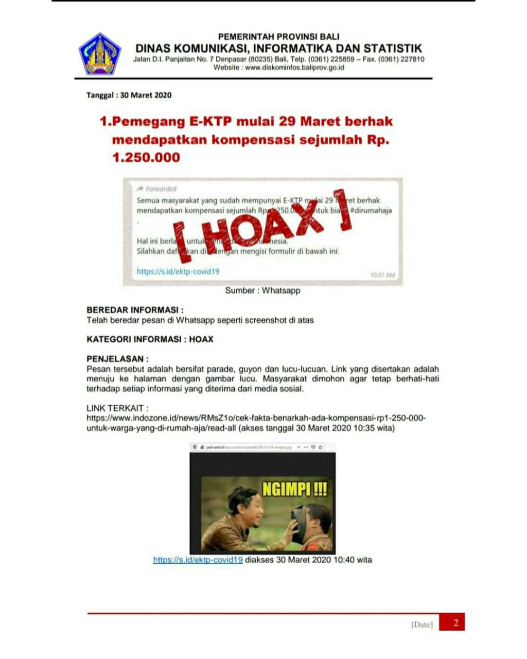 Klarifikasi Terkait Laporan Hoax dan Disinformasi Tanggal 30 maret 2020