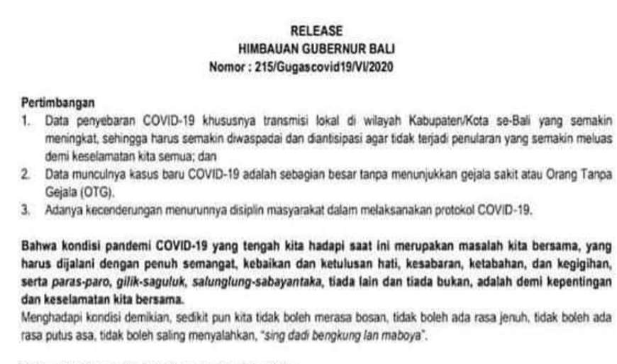 PENJELASAN HIMBAUAN GUBERNUR BALI NOMOR 215/Gugascovid19/VI/2020 TANGGAL 8 Juni 2020
