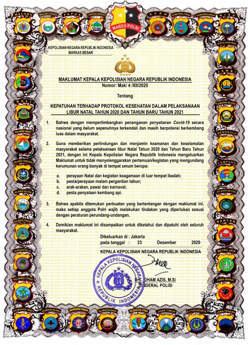 Maklumat Kepala Kepolisian Negara Republik Indonesia Nomor : Mak/4/XII/2020