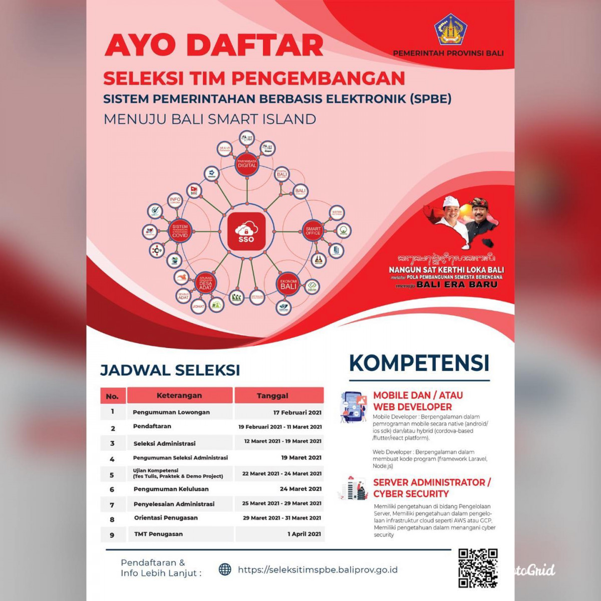 Pemerintah Provinsi Bali membuka pendaftaran terkait “Seleksi Tim Pengembangan Sistem Pemerintahan Berbasis Elektronik (SPBE) menuju Bali Smart Island”