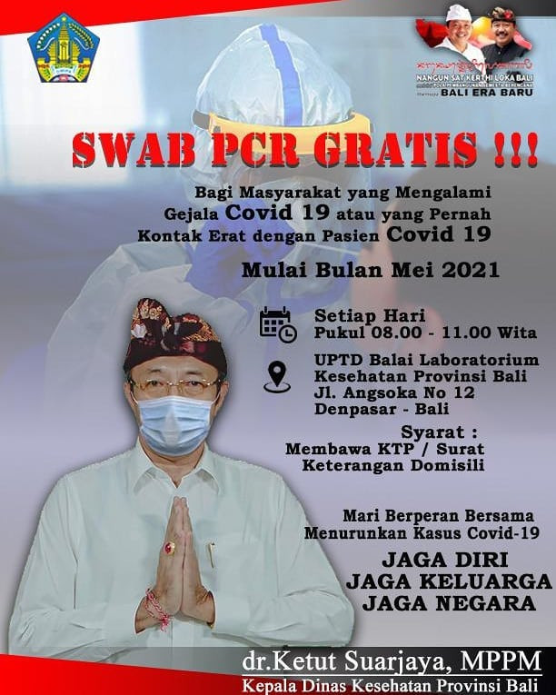 Bagi Masyarakat Yang Mengalami Gejala Covid-19 atau Pernah Kontak Erat Dengan Pasien Covid-19 Silahkan Melakukan Swab PCR Gratis