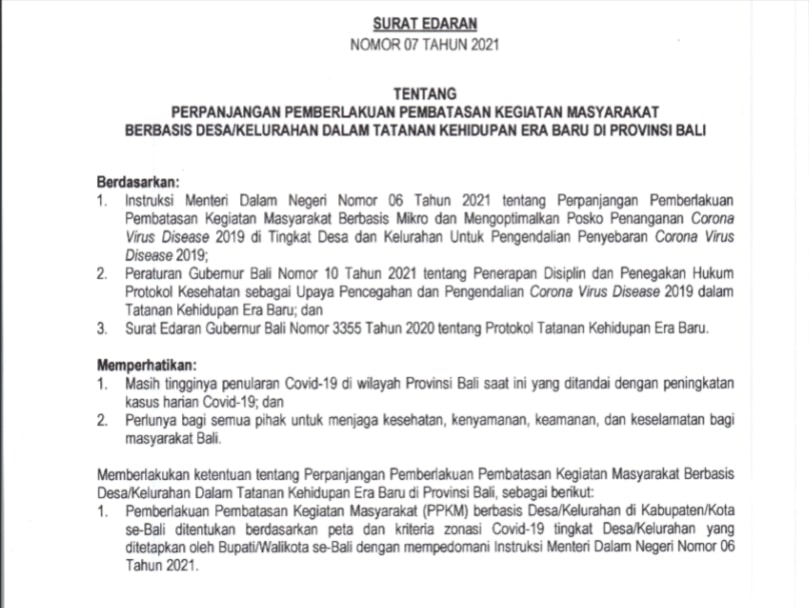 Surat Edaran Gubernur Bali Nomor 07 Tahun 2021 Tentang Perpanjangan Pemberlakuan Pembatasan Kegiatan Masyarakat Berbasis Desa/Kelurahan Dalam Tatanan Kehidupan Era Baru Di Provinsi Bali