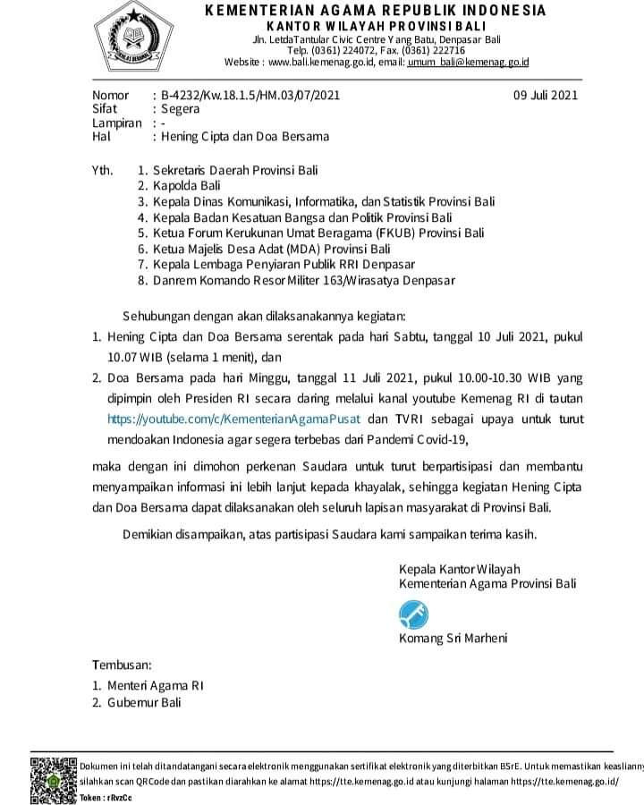 Surat Kementerian Agama Republik Indonesia Kantor Wilayah Provinsi Bali