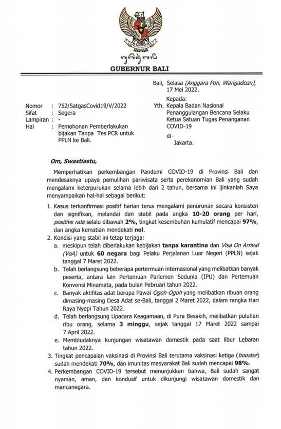Permohonan Pemberlakuan Kebijakan Tanpa Tes PCR Untuk PPLN ke Bali
