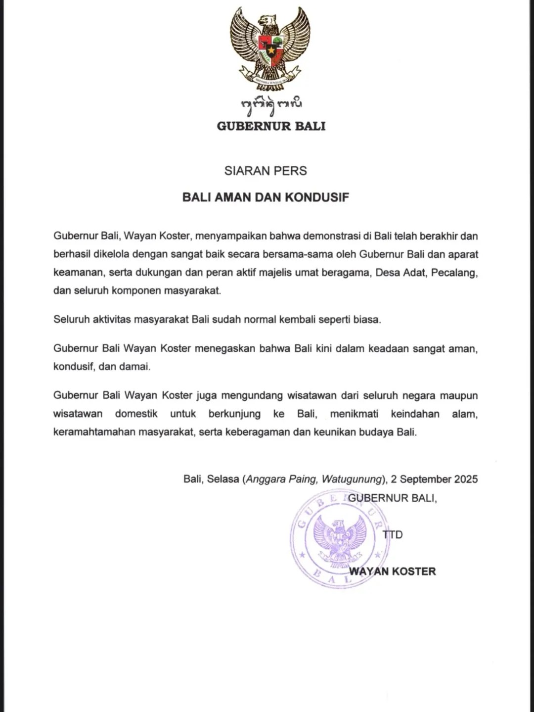 Siaran Pers Bali Kondusif dan Aman
