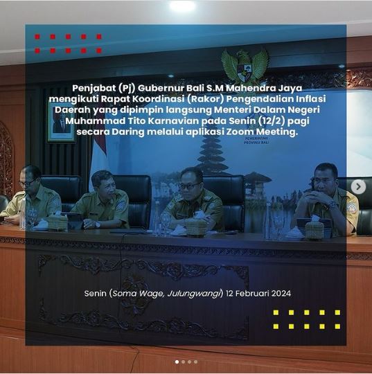 Penjabat (Pj) Gubernur Bali S.M Mahendra Jaya mengikuti Rapat Koordinasi (Rakor) Pengendalian Inflasi Daerah yang dipimpin langsung Menteri Dalam Negeri Muhammad Tiko Karnavian pada Senin (12/2) pagi secara Daring melalui aplikasi Zoom Meeting