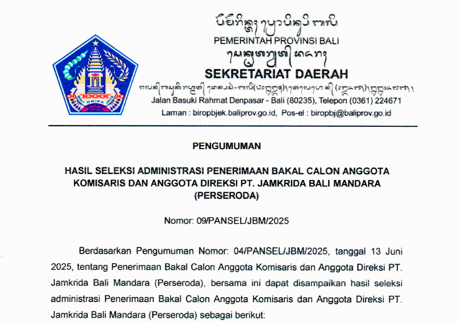 Pengumuman Hasil Seleksi Administrasi Penerimaan Bakal Calon Komisaris dan Anggota Direksi PT. Jamkrida Bali Mandara (Perseroda)