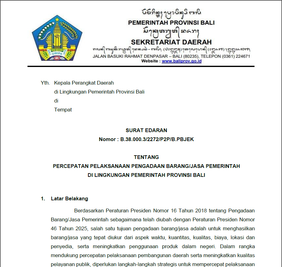 Surat Edaran Sekretaris Daerah tentang Percepatan Pelaksanaan Pengadaan Barang/Jasa Pemerintah di Lingkungan Pemerintah Provinsi Bali