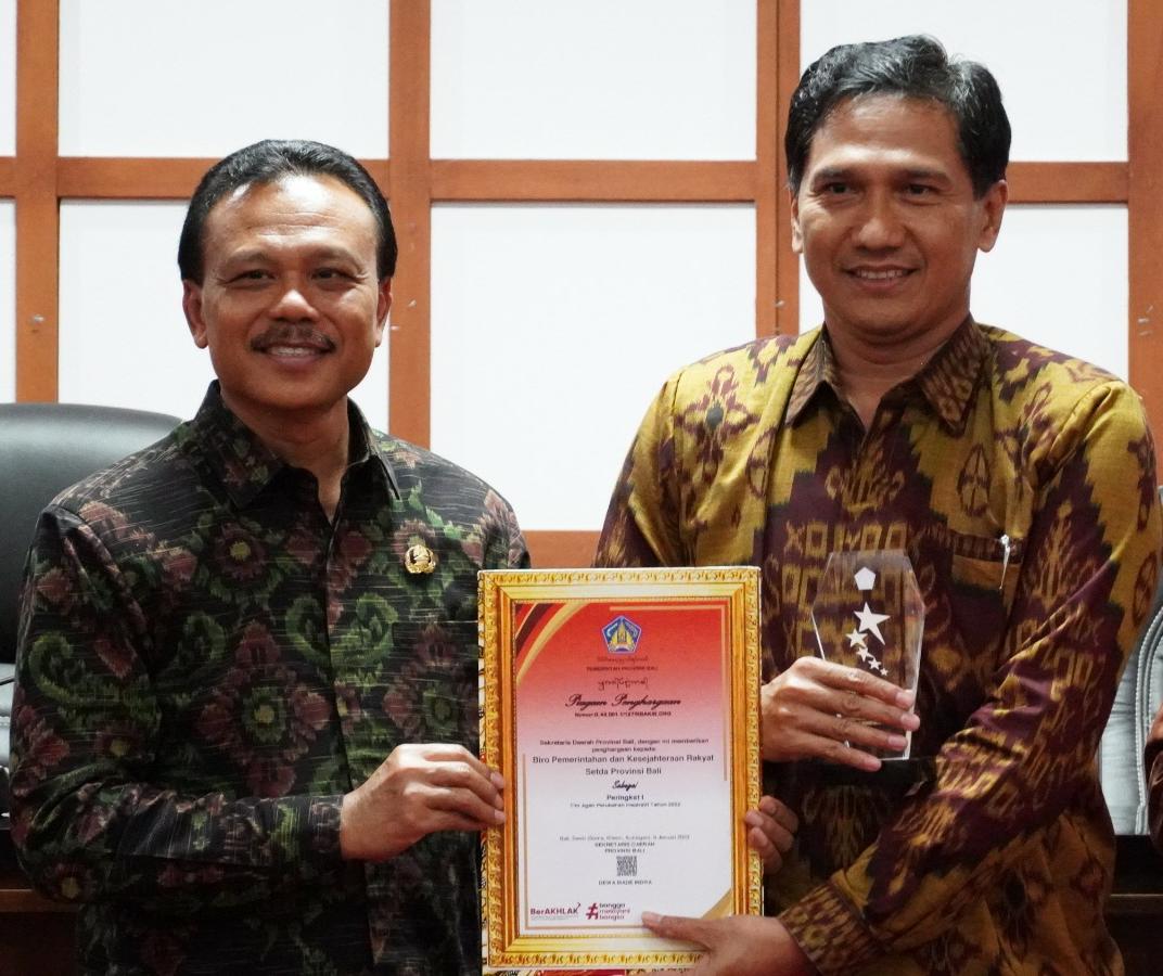 Biro Pemerintahan dan Kesejahteraan Rakyat Setda Provinsi Bali memperoleh Peringkat I Tim Agen Perubahan Inspiratif Tahun 2022