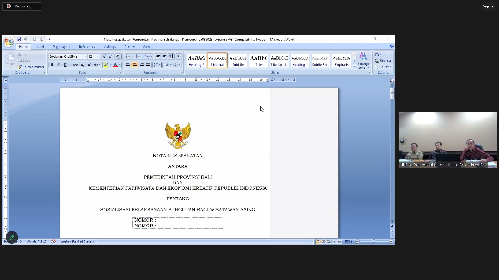 Rapat secara hybrid tentang Pembahasan Draft Kesepakatan Bersama, Perjanjian Kerja Sama dan Nota Kesepakatan menindaklanjuti Peraturan Daerah Provinsi Bali Nomor 6 Tahun 2023 tentang Pungutan Bagi Wisatawan Asing untuk Perlindungan Kebudayaan dan Lingkung