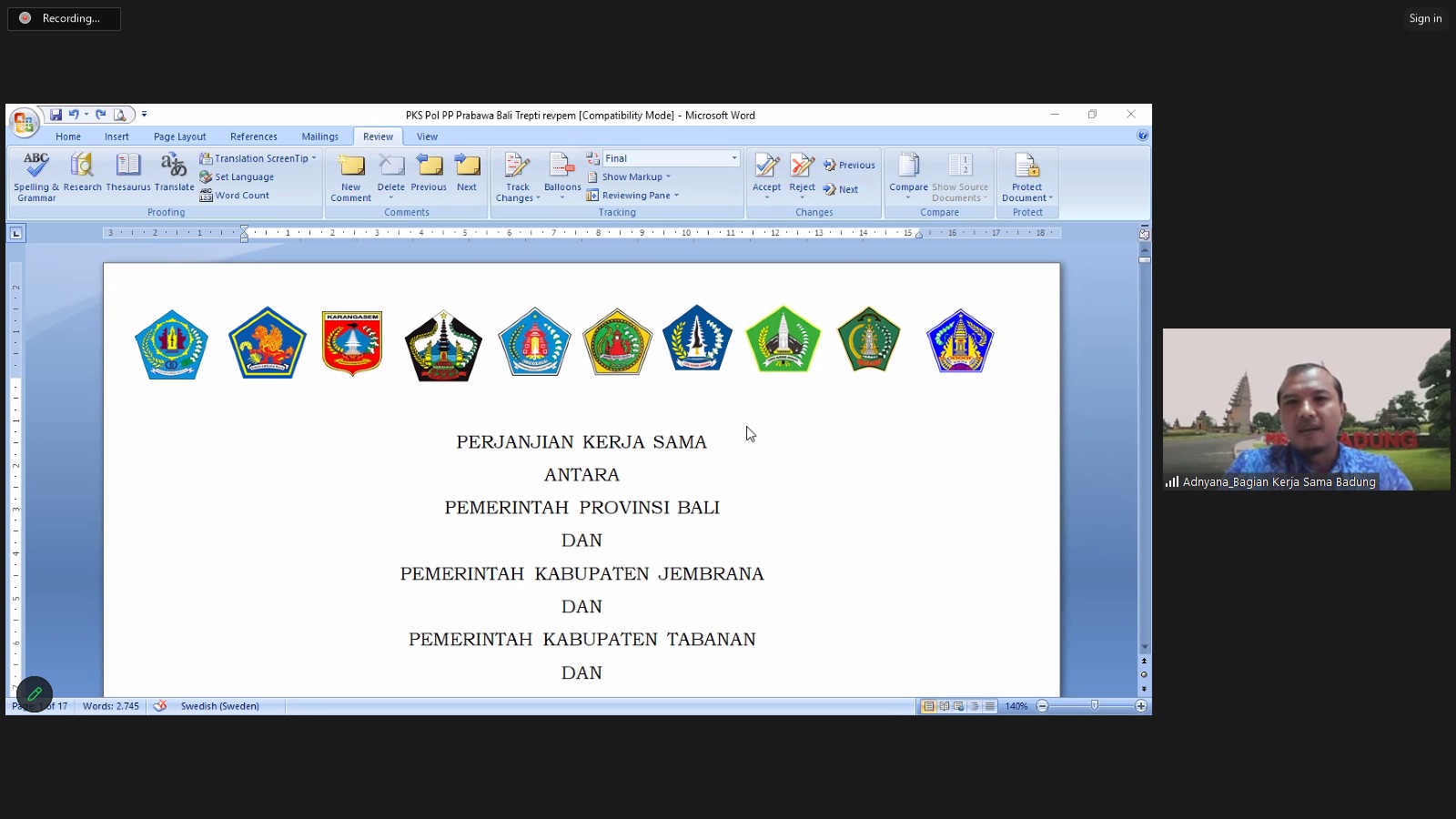 Rapat pembahasan naskah perjanjian kerjasama antara Pemerintah Provinsi Bali dengan Pemerintah Kabupaten/Kota Se-Bali tentang Penyelenggaraan ketertiban umum, ketentraman masyarakat dan perlindungan masyarakat (Prabawa Bali Trepti)