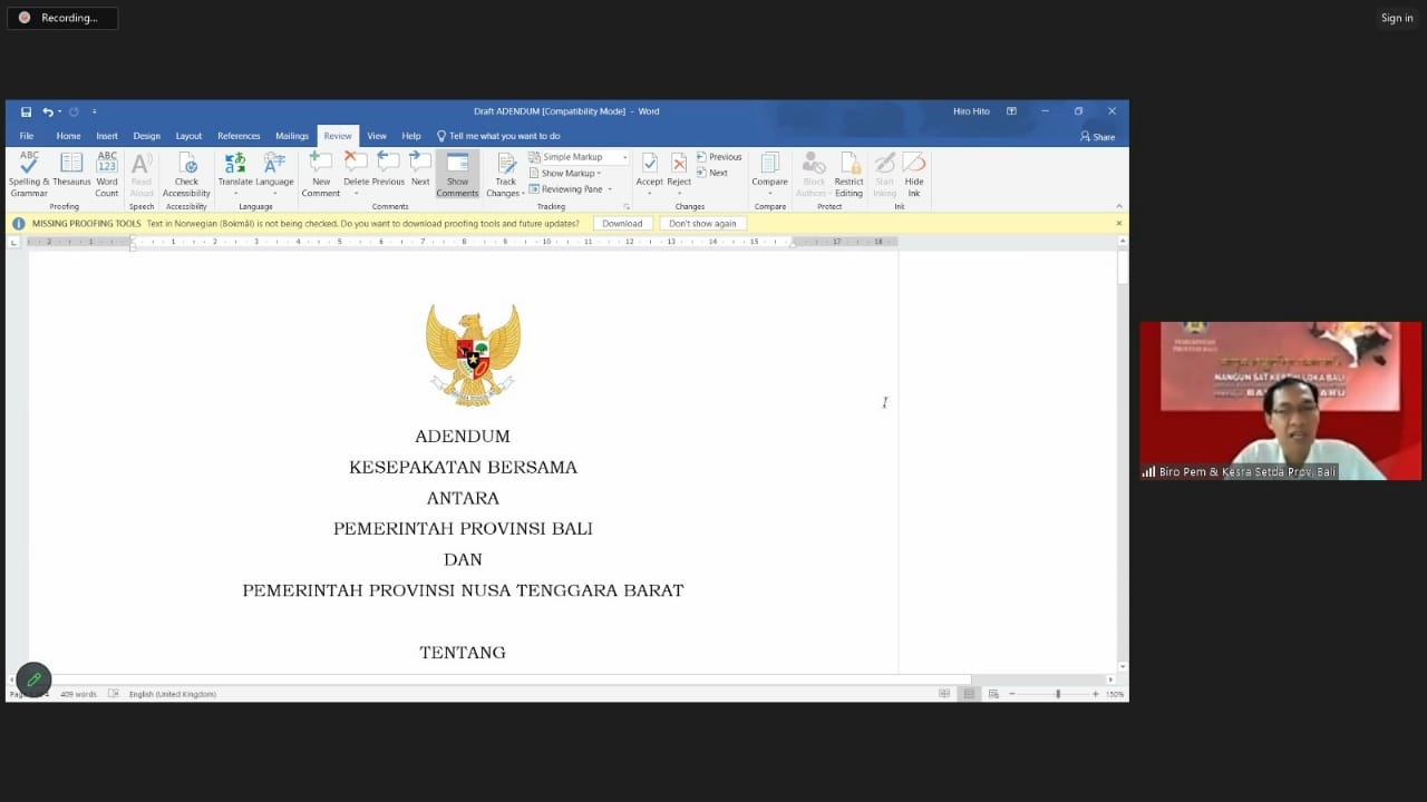 Rapat pembahasan addendum kesepakatan bersama dan perjanjian kerjasama antara Pemerintah Provinsi Bali dengan Pemerintah Provinsi NTB