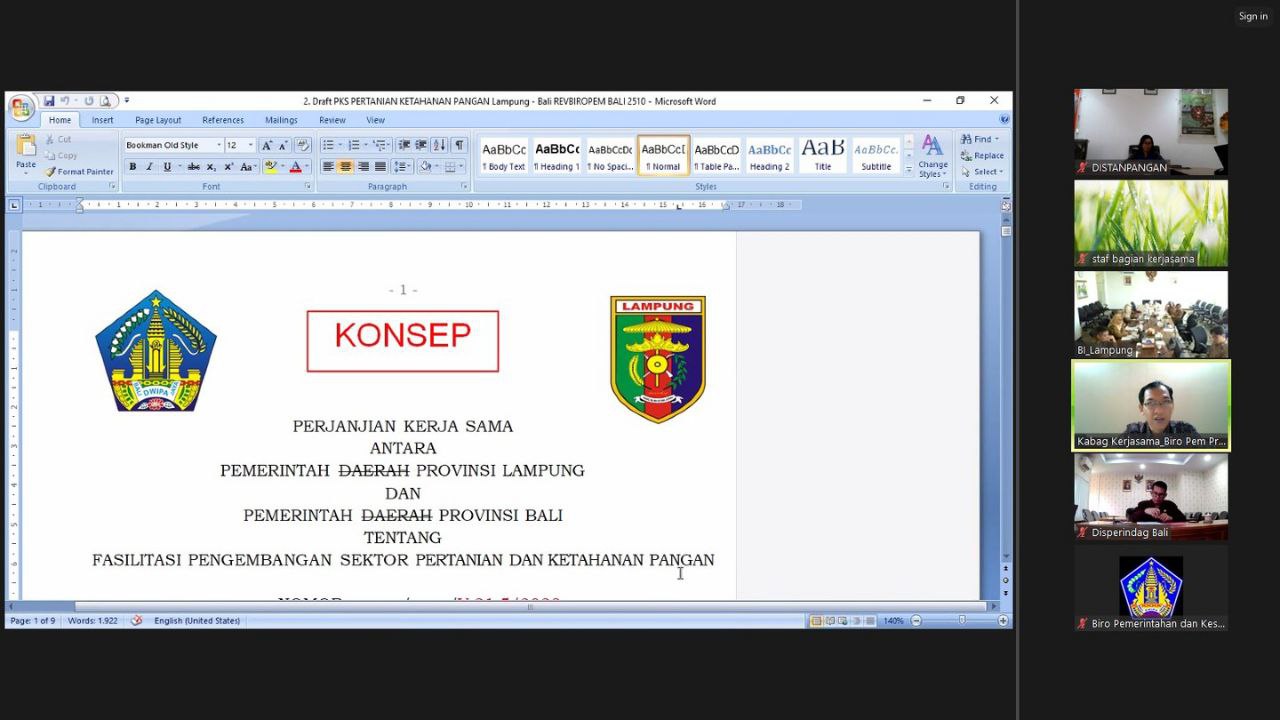 Rapat pembahasan draft perjanjian kerja sama antara Pemerintah Provinsi Lampung dengan Pemerintah Provinsi Bali