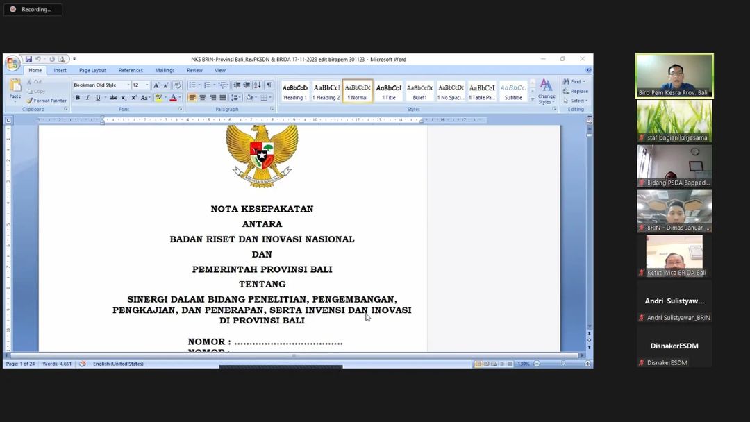 Rapat didampingi ketua tim KSDD dan KSDPK dalam pembahasan draft nota kesepkatan antara BRIN dengan Pemerintah Provinsi Bali tentang sinergi dalam bidang penelitian, pengembangan, pengkajian dan penerapan serta invensi dan inovasi di Provinsi Bali