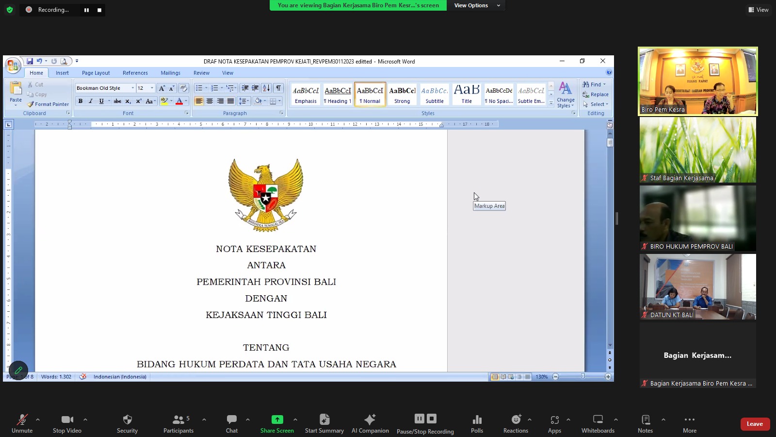 Rapat didampingi ketua tim KSDD dan KSDPK dalam pembahasan draft nota kesepakatan antara Kejaksaan Tinggi Bali dengan Pemerintah Provinsi Bali tentang Bidang Hukum Perdata dan Tata Usaha Negara