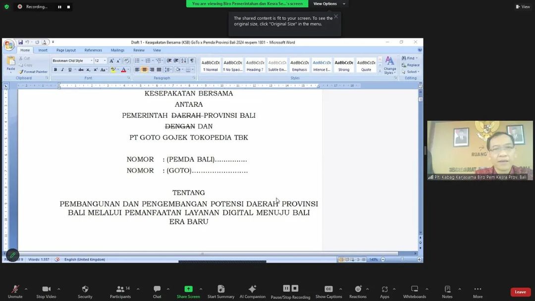 Rapat pembahasan rencana kerja sama Pemerintah Provinsi Bali dengan PT GoTo Gojek Tokopedia Tbk tentang Pembangunan dan Pengembangan Potensi Daerah Provinsi Bali Melalui Pemanfaatan Layanan Digital Menuju Bali Era Baru