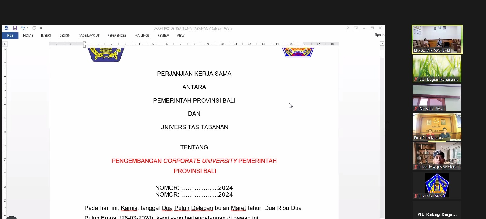 Rapat Pembahasan draft Perjanjian Kerjasama antara Pemerintah Provinsi Bali dengan Universitas Tabanan