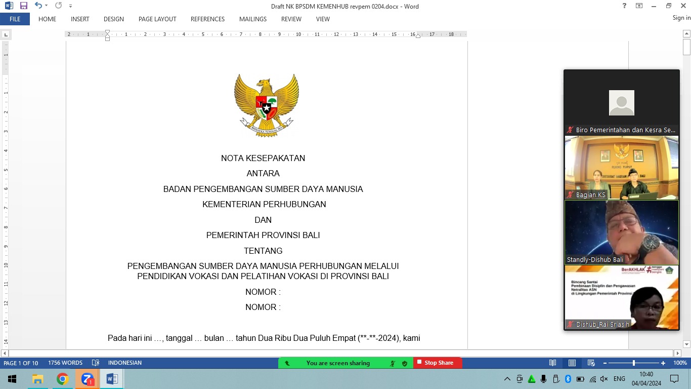 Rapat Pembahasan draft Nota Kesepakatan antara BPSDM Kemenhub RI dan Pemprov Bali