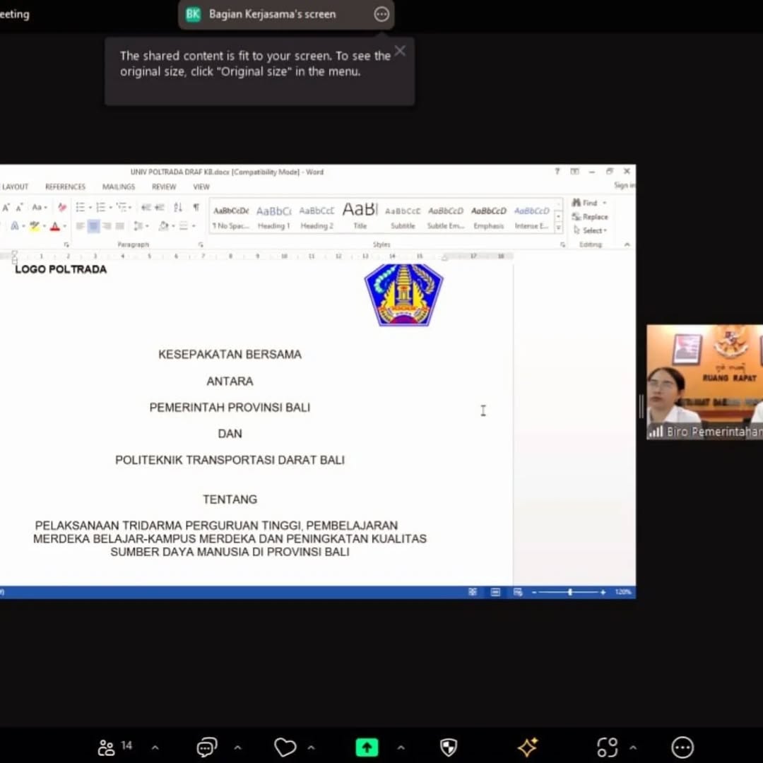 Rapat pembahasan draft kerjasama antara Pemerintah Provinsi Bali dengan Poltrada Bali tentang Pelaksanaan Tridharma Perguruan Tinggi dan Pembelajaran Merdeka Belajar - Kampus Merdeka di Provinsi Bali