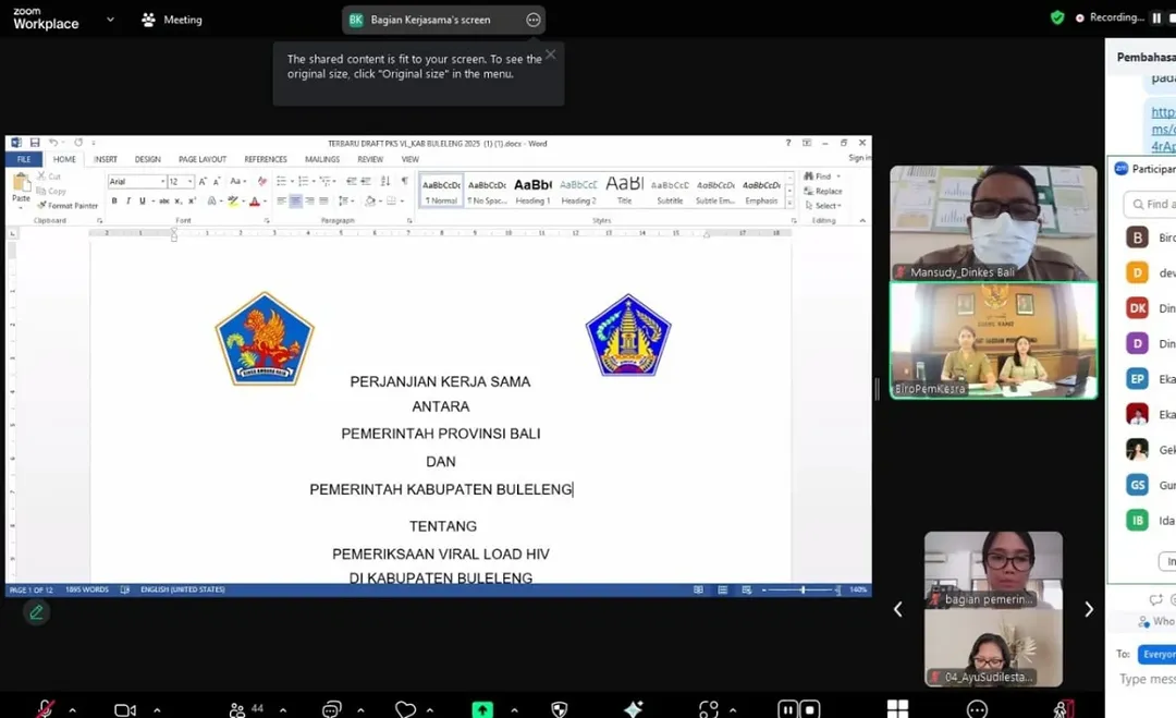 Rapat pembahasan naskah perjanjian kerjasama antara Pemerintah Provinsi Bali dengan Pemerintah Kabupaten Kota Se Bali tentang Pemeriksaan Viral Load HIV secara daring