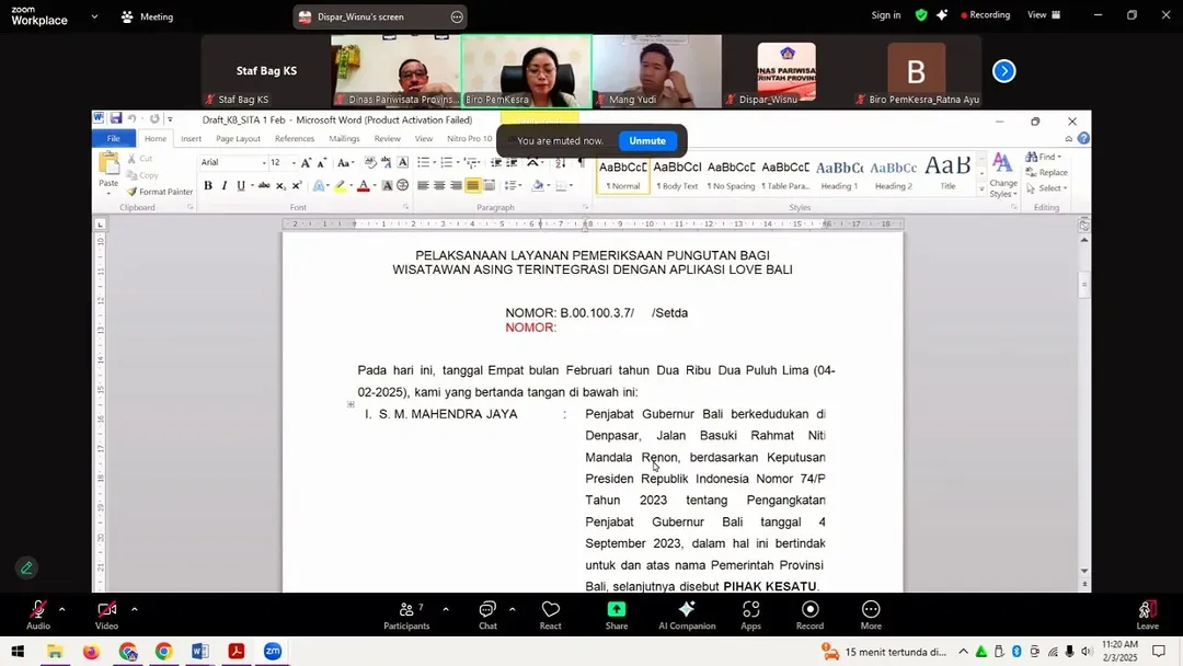 Kegiatan rapat permohonan kerja sama SITA terkait layanan pemeriksaan pungutan wisatawan asing (PWA)