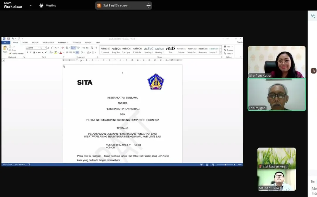 Rapat koordinasi dan pembahasan Naskah kerjasama PT.SITA Information Networking Computing Indonesia tentang pelaksanaan layanan pemeriksaan pungutan wisatawan asing terintegrasi dengan aplikasi love bali