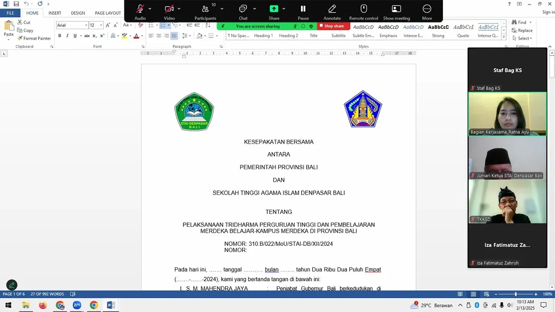 Rapat Pembahasan Draft Kesepakatan Bersama dan Perjanjian Kerja Sama antara Pemerintah Provinsi Bali dan Sekolah Tinggi Agama Islam (STAI) Denpasar