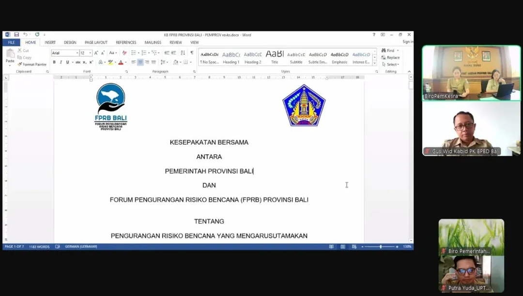 Rapat pembahasan naskah kesepakatan bersama dan perjanjian kerjasama antara Pemerintah Provinsi Bali dengan Forum Pengurangan Risiko Bencana Provinsi Bali