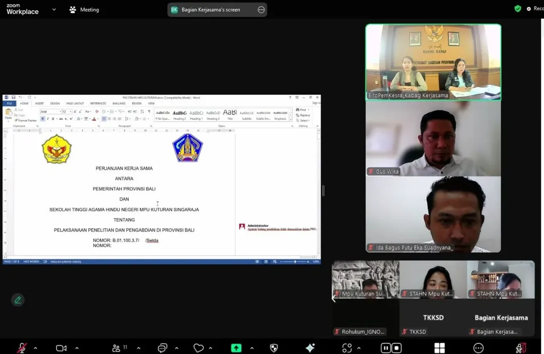 Rapat pembahasan naskah kesepakatan bersama dan perjanjian kerjasama antara Pemerintah Provinsi Bali dan Sekolah Tinggin Hindu Negeri Mpu Kuturan Singaraja tentang pelaksanaan Tridharma Perguruan Tinggi Negeri