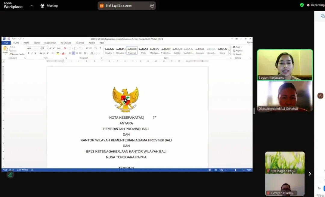 Rapat pembahasan naskah nota kesepakatan antara Pemerintah Provinsi Bali dengan BPJS Ketenagakerjaan Bali Nusa Tenggara Papua tentang penyelenggaraan Program Jaminan Sosial Bagi Rohaniawan