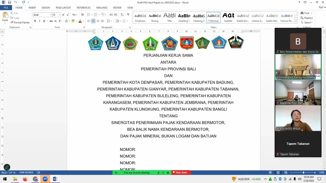 Rapat pembahasan draft Perjanjian Kerjasama antara Pemerintah Provinsi Bali dengan Pemerintah Kabupaten/kota se Bali tentangSinergitas Penerimaan Pajak Kendaraan Bermotor, Bea Balik Nama Kendaraan Bermotor, dan Pajak Mineral Bukan Logam dan Batuan