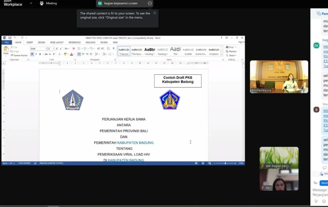 Biro Pemerintahan dan Kesejahteraan Rakyat melaksanakan rapat pembahasan draft Perjanjian Kerjasama antara Pemerintah Provinsi Bali dengan Pemerintah Kabupaten/kota se Bali tentang Pemeriksaan viral load Hiv secara daring pada Hari Rabu, 19 Maret 2025