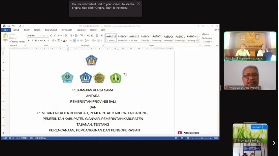 Rapat Pembahasan naskah Draft Perjanjian Kerja Sama antara Pemerintah Provinsi Bali dengan Pemerintah kota Denpasar, Pemerintah Kabupaten Badung, Pemerintah Kabupaten Gianyar dan Pemerintah Kabupaten Tabanan tentang Perencanaan, Pembangunan dan Pengoperas