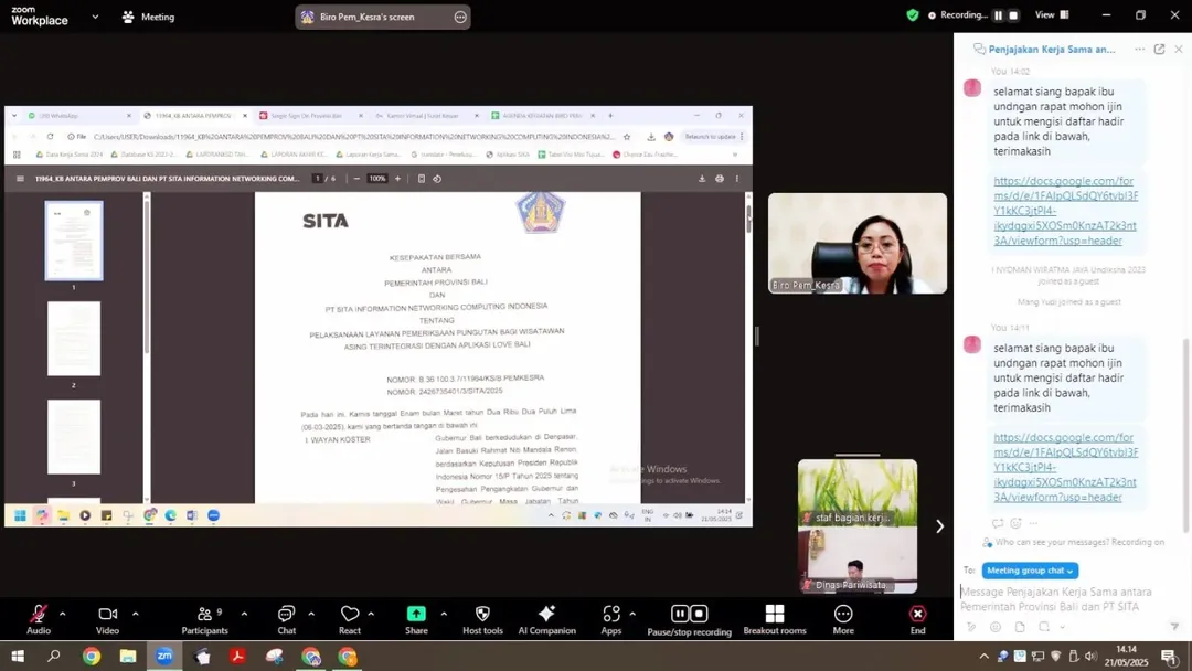 Biro Pemerintahan dan Kesejahteraan Rakyat melaksanakan rapat penjajakan kerjasama dalam rangka penyusunan penjajakan kerja sama antara Pemerintah Provinsi Bali dan PT.SITA Information Networking Computer Indonesia