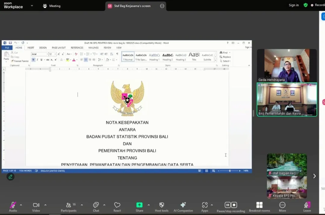 Rapat pembahasan draft nota kesepakatan antara Badan Pusat Statistik dengan Pemerintah Provinsi Bali tentang penyediaan, pemanfaatan dan pengembangan data serta informasi statistik dalam rangka pembangunan daerah