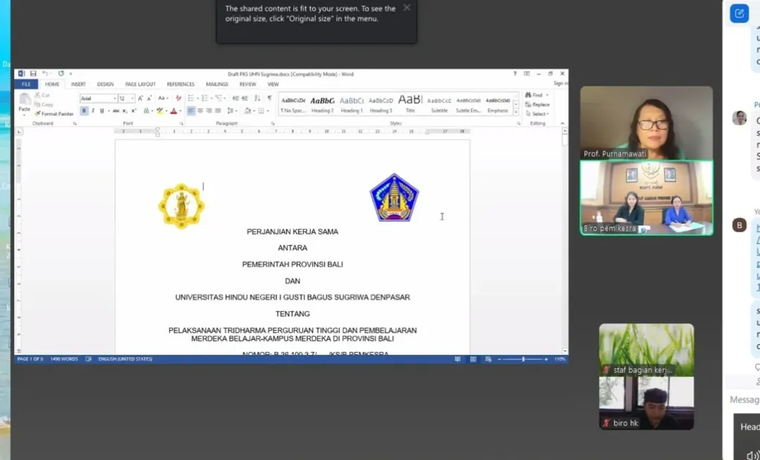 Rapat pembahasan naskah Perjanjian Kerjasama antara Pemerintah Provinsi Bali dengan Universitas Hindu Negeri I Gusti Bagus Sugriwa Denpasar secara daring pada hari kamis, 25 juli 2025
