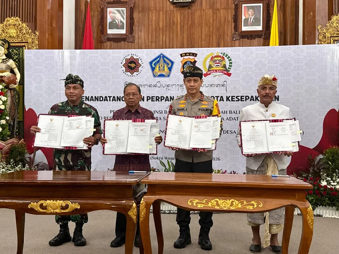 Biro Pemerintahan dan Kesejahteraan Rakyat memfasilitasi penandatangan naskah Nota Kesepakatan antara Pemerintah Provinsi Bali dan Kepolisian Daerah Bali, Komando Resor Militer 163/Wirasatya, Majelis Desa Adat Provinsi Bali tentang Pelaksanaan Sistem Peng