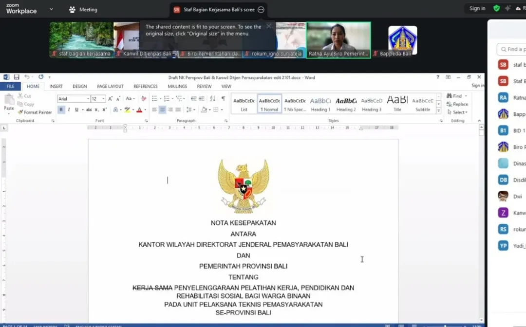 Biro Pemerintahan dan Kesejahteraan Rakyat memfasilitasi rapat pembahasan nota kesepakatan antara Kantor Wilayah Direktorat Jenderal Pemasyarakatan Bali dan Pemerintah Provinsi Bali tentang Kerja Sama Penyelenggaraan Pelatihan Kerja, Pendidikan dan Rehabi