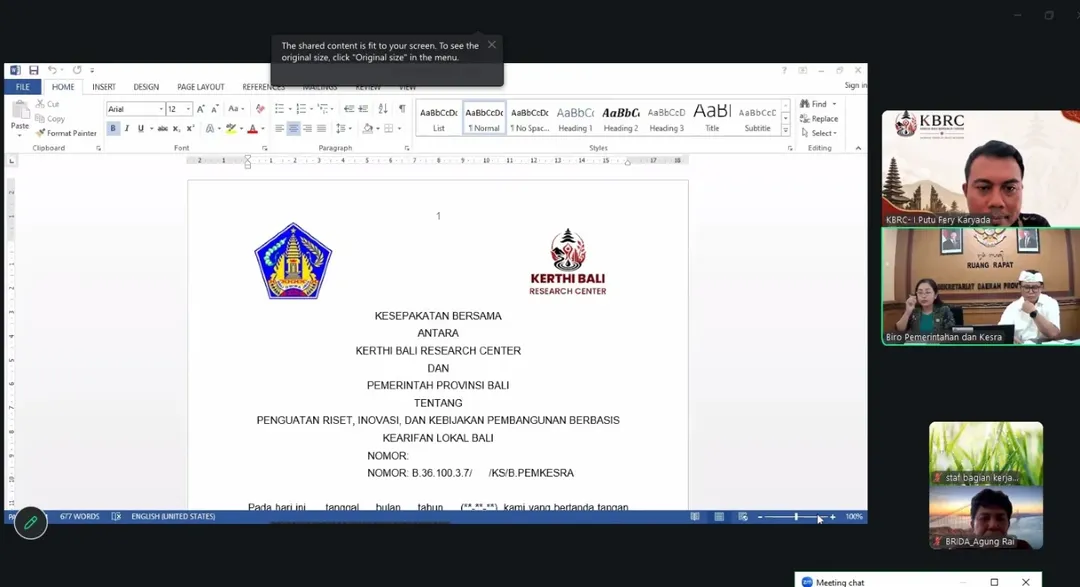 Biro Pemerintahan dan Kesejahteraan Rakyat memfasilitasi rapat koordinasi rencana kerja sama antara Pemerintah Provinsi Bali dengan Kerthi Bali Research Center secara daring melalui zoom meeting apda hari Selasa, 12 Mei 2026
