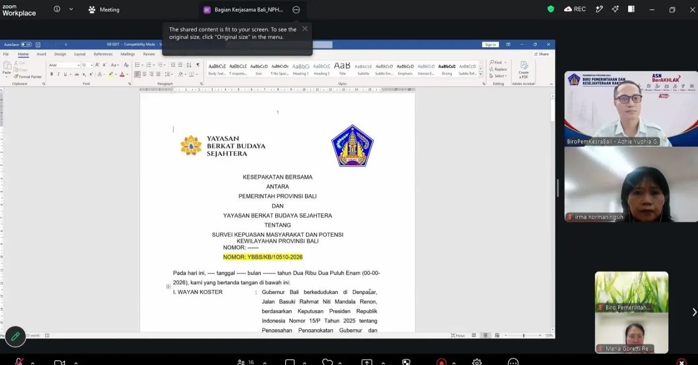 Rapat pembahasan draft Kesepakatan Bersama dan Perjanjian Kerja Sama antara Pemerintah Provinsi Bali dan Yayasan Berkat Budaya Sejahtera